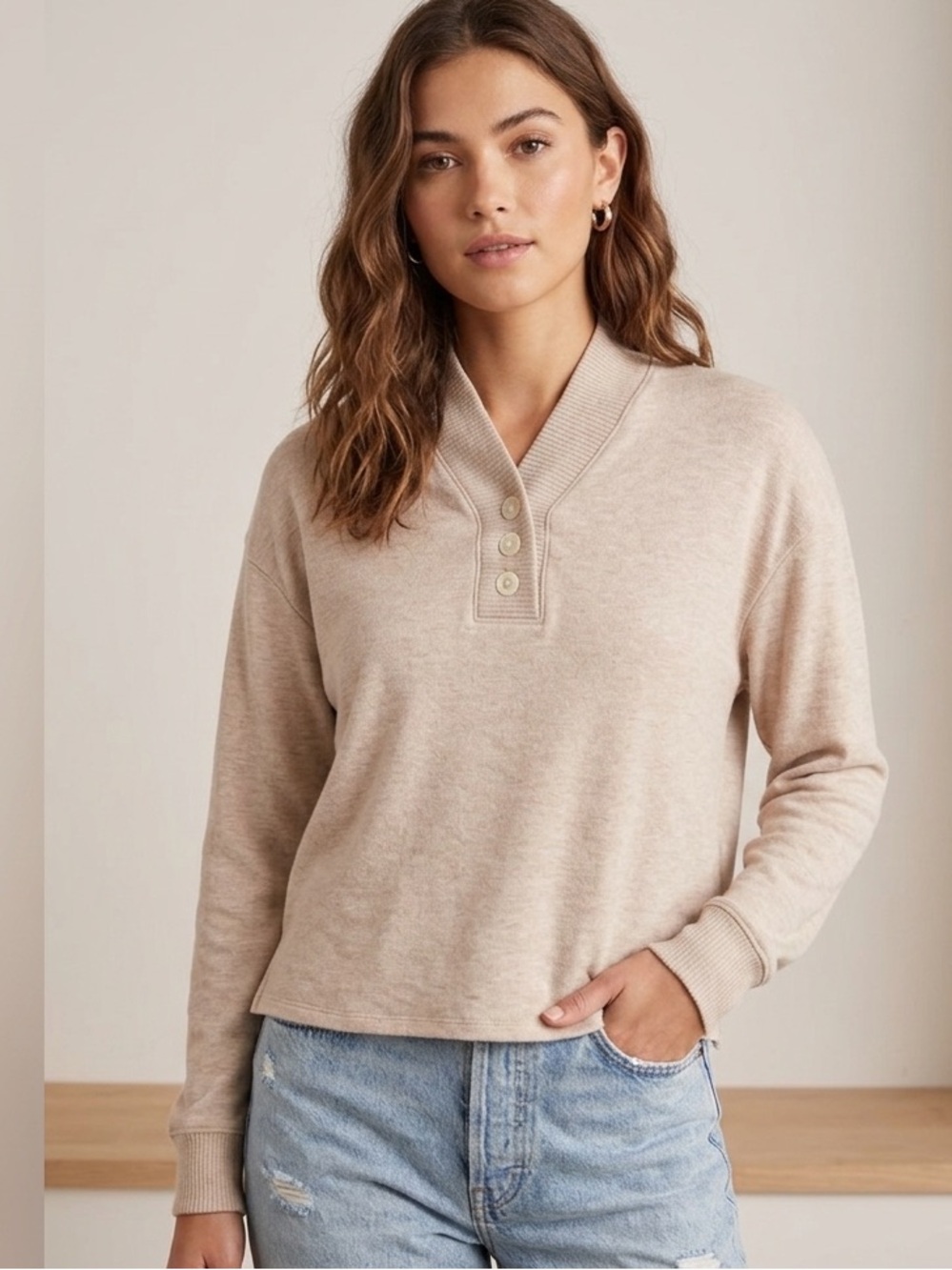 Haven Well Within Tan Brown Button-Up Sweatshirt, Women’s Size Medium